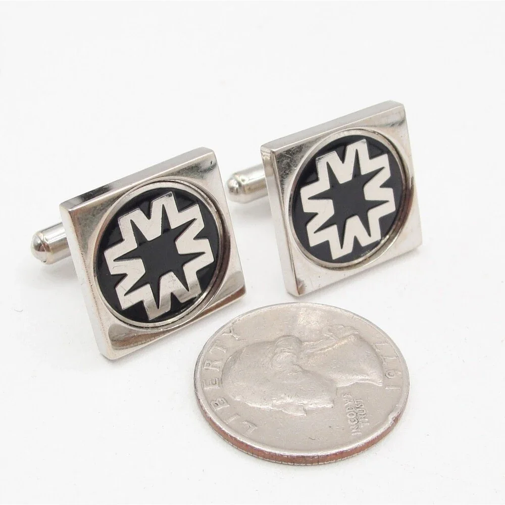 Vintage Silver Tone Square Geometric Starburst Cufflinks Black Enamel Industrial